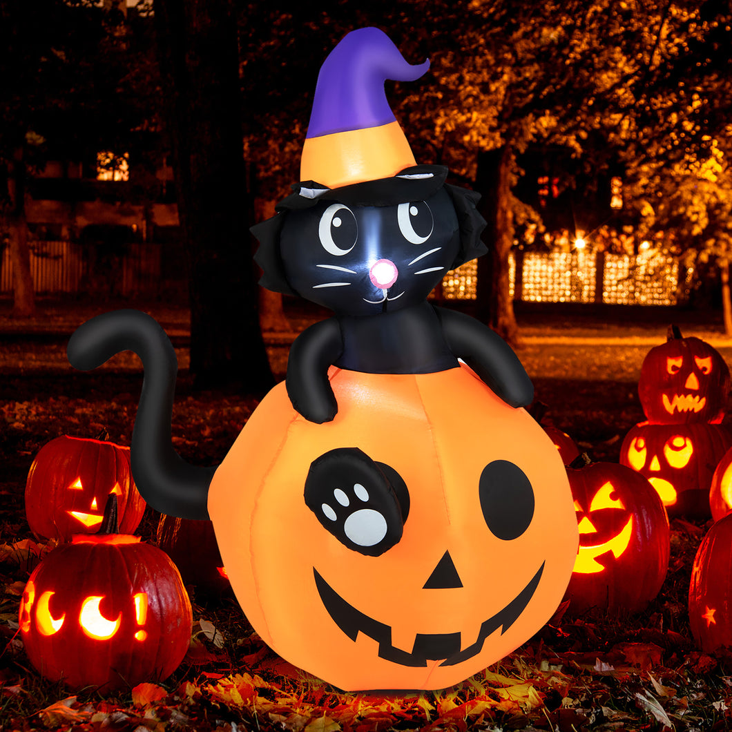 Gymax 5FT Inflatable Halloween Decor Pumpkin with Witch's Black Cat w/ LED & Sandbags