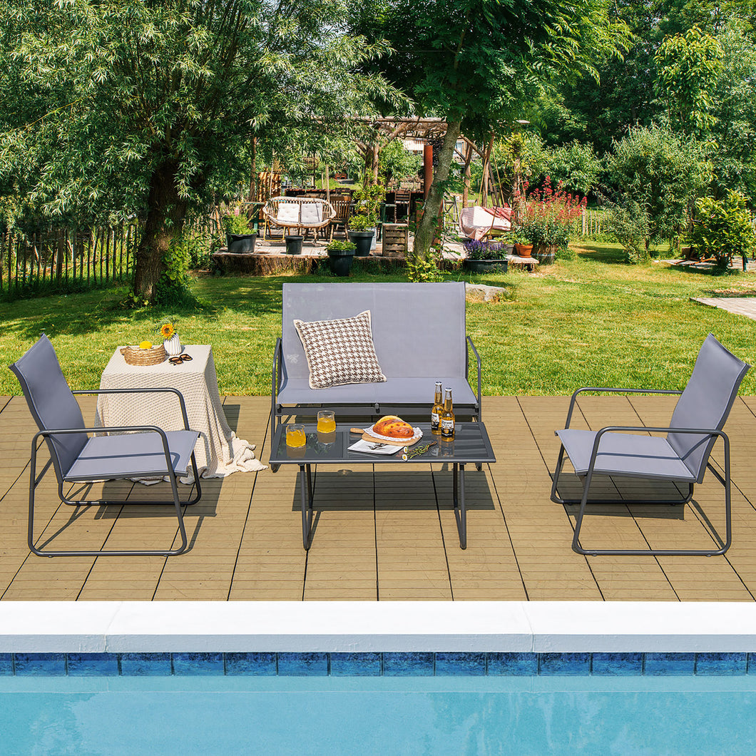 Gymax 4PCS Metal Outdoor Conversation Set Patio Furniture Set w/ Glass Table
