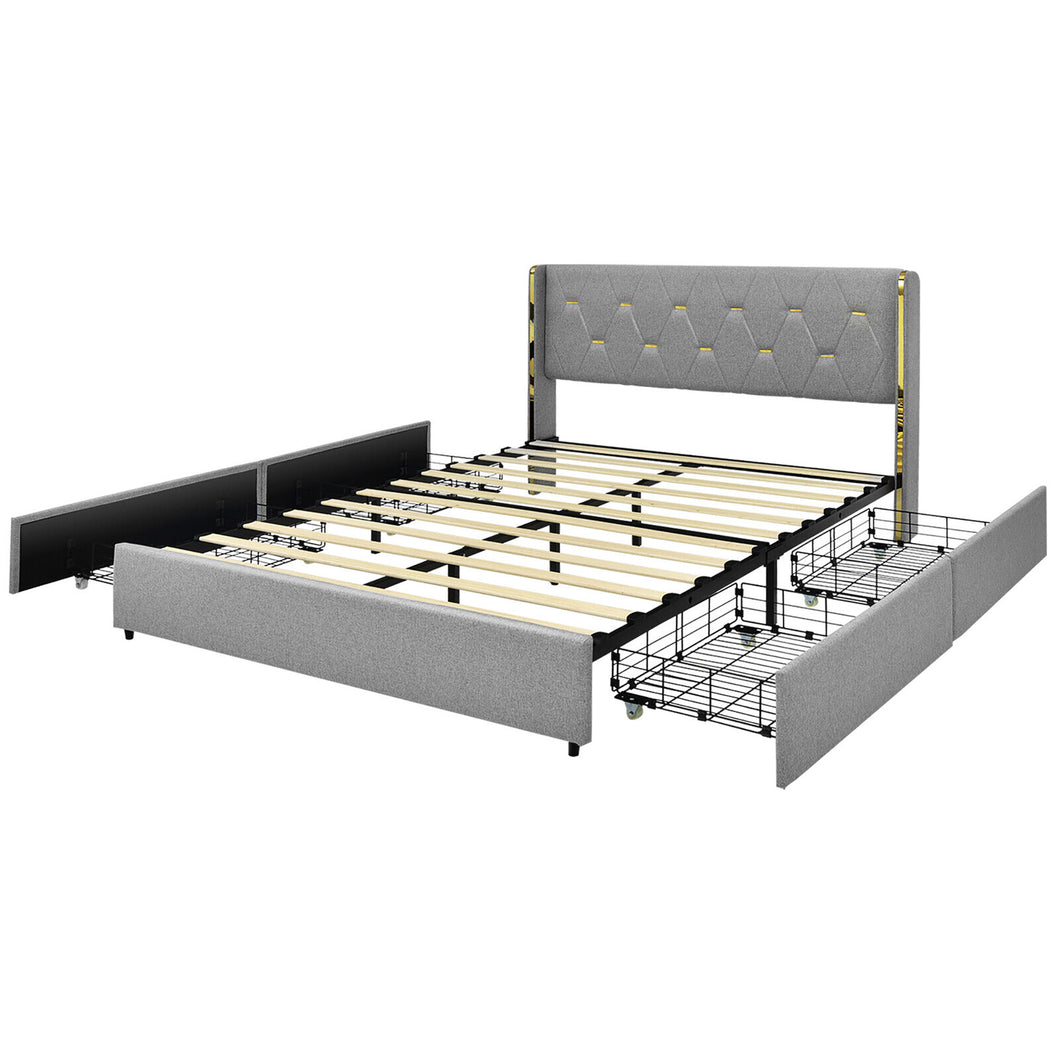 Gymax Full Upholstered Bed Frame with 4 Storage Drawers Headboard Silver