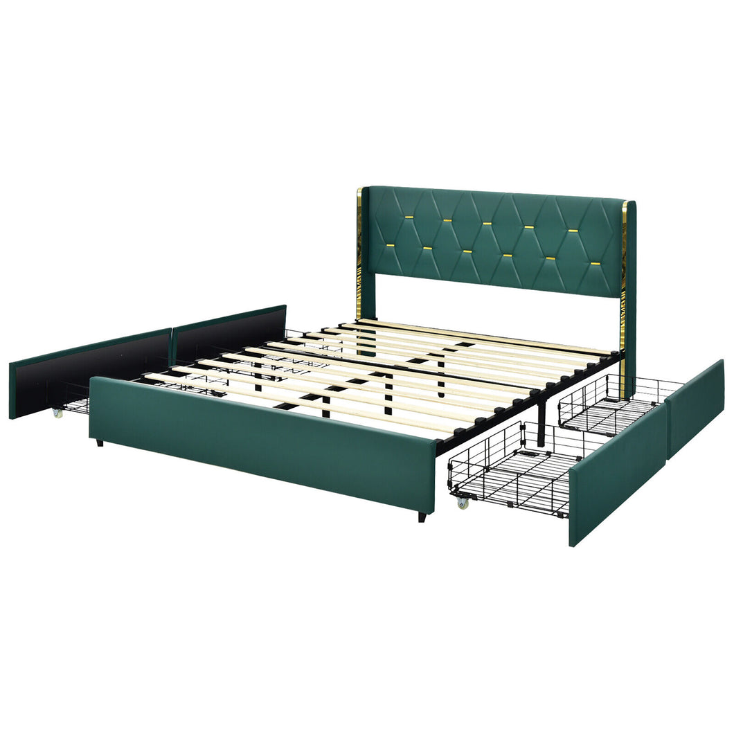 Gymax Queen Upholstered Bed Frame with 4 Storage Drawers Headboard Green