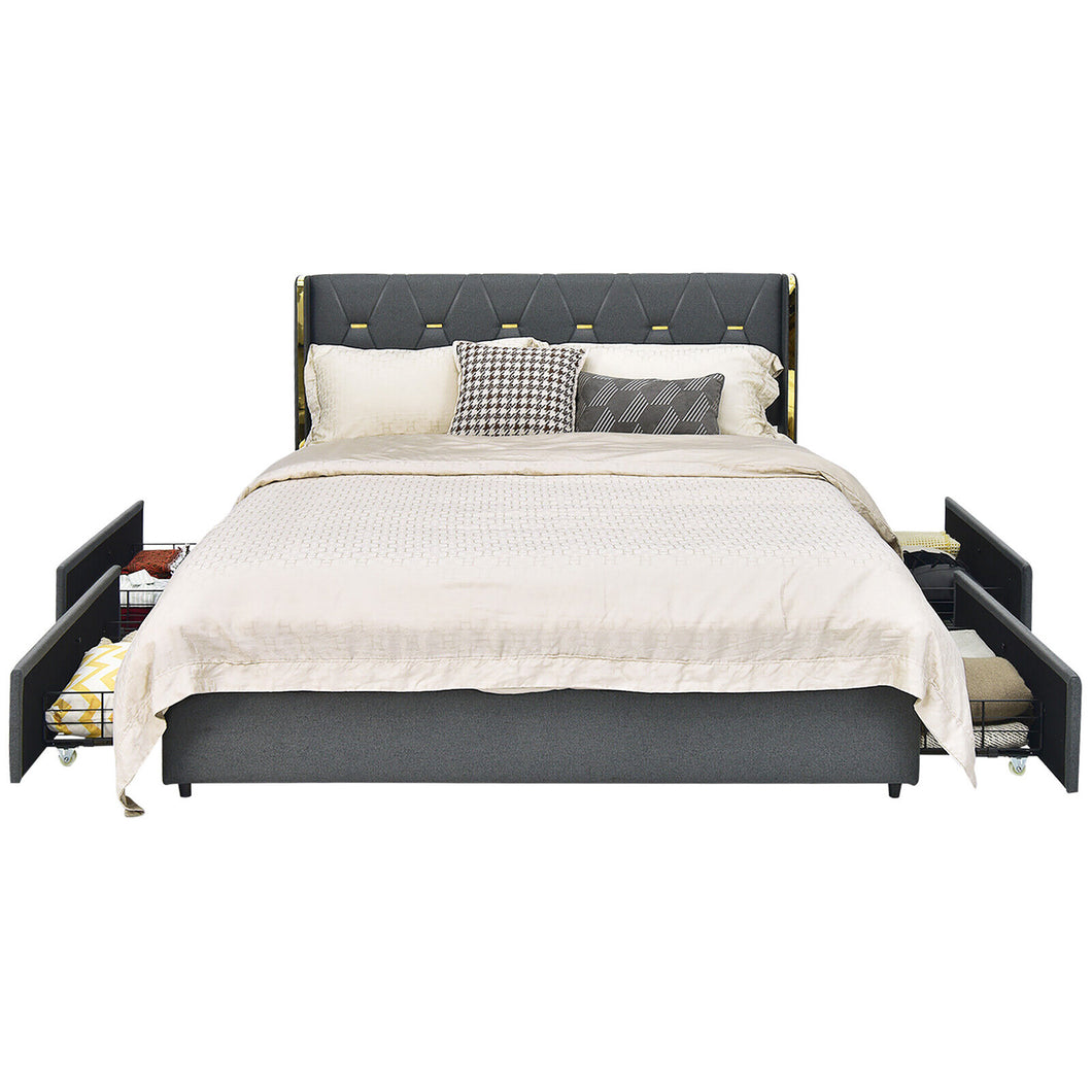 Gymax Full Upholstered Bed Frame with 4 Storage Drawers Headboard Dark Grey