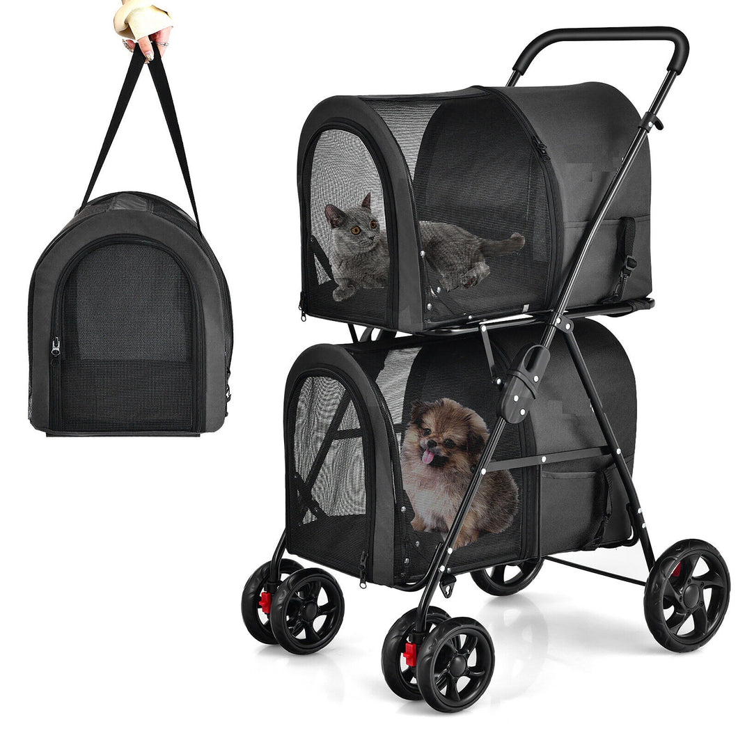 Gymax 4 in 1 Double Pet Stroller w/ Detachable Carrier Travel Carriage for Cats Black
