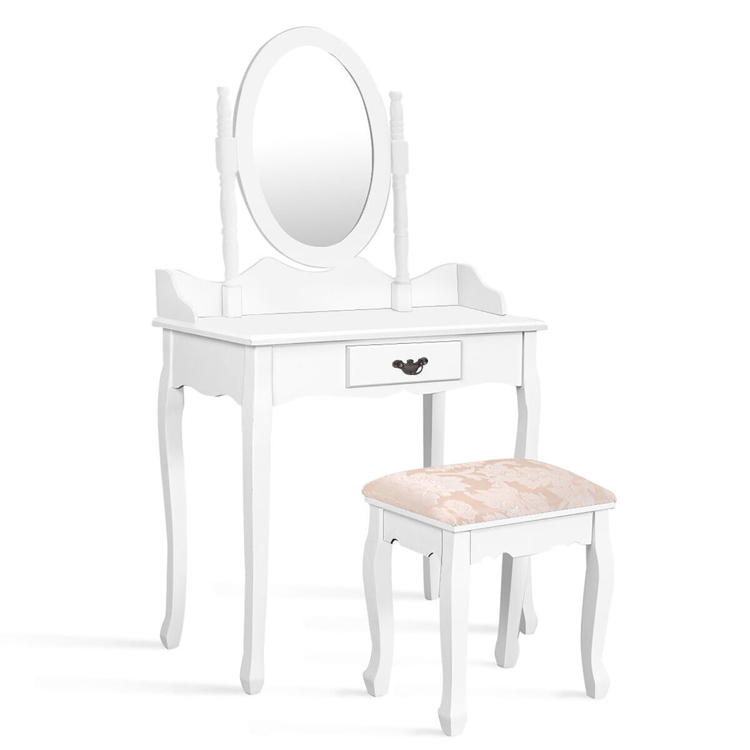 Gymax Vanity Wood Makeup Dressing Table Stool Set w/ Drawer & Mirror Jewelry Desk White