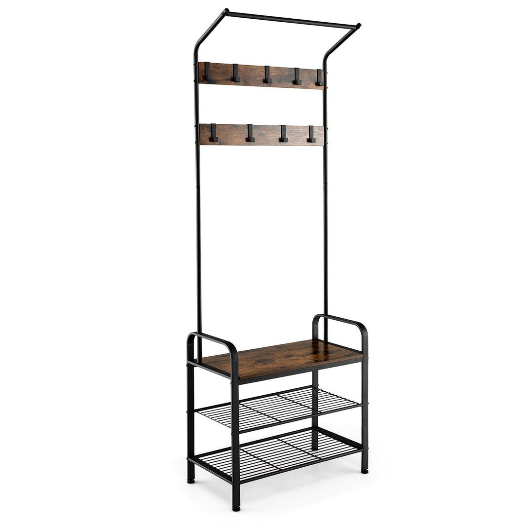 Gymax 3 in 1 Industrial Hall Tree Coat Rack Shoe Bench w/ Storage Shelf & 9 Hooks