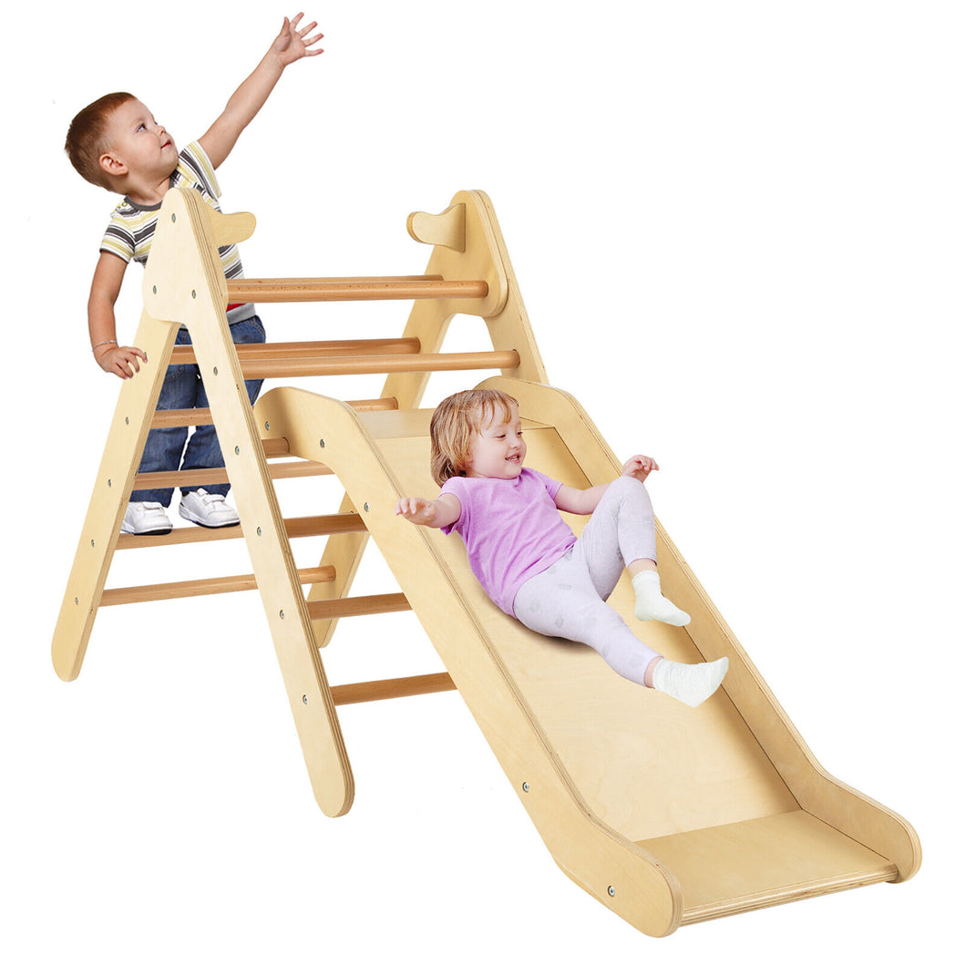 Gymax 2 in 1 Wooden Climbing Triangle Set Triangle Climber w/ Ramp Natural