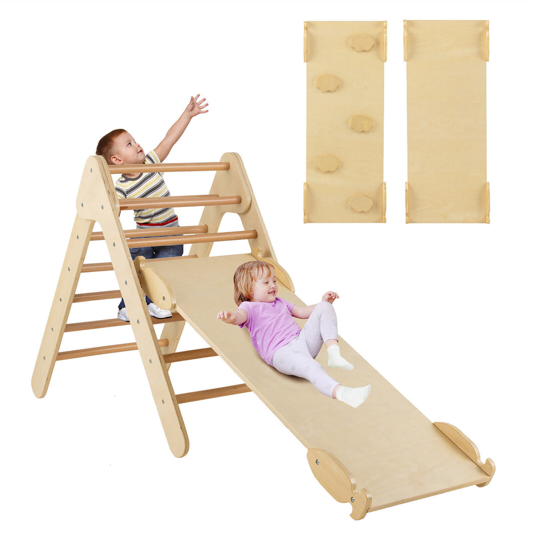 Gymax 3 in 1 Wooden Climbing Triangle Set Triangle Climber w/ Ramp Natural