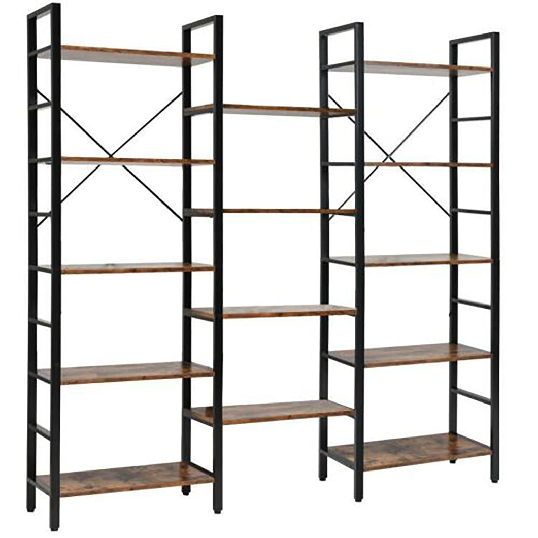 Gymax Triple Wide 5 Tiers Bookshelf Open Display Shelves w/ Metal Frame Rustic Brown