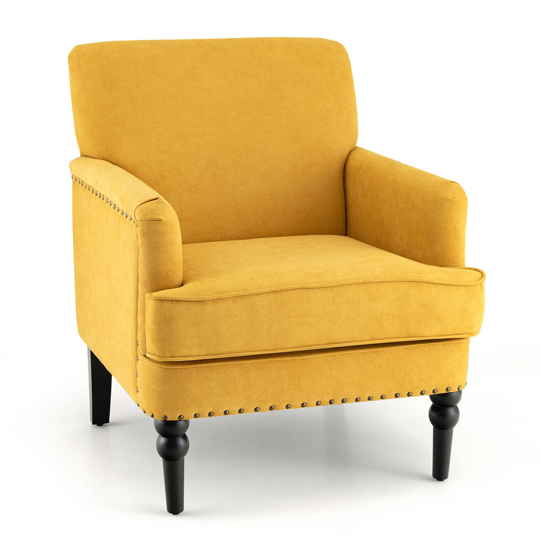 Gymax Modern Accent Armchair Upholstered Single Sofa Chair w/ Rubber Wood Legs Yellow