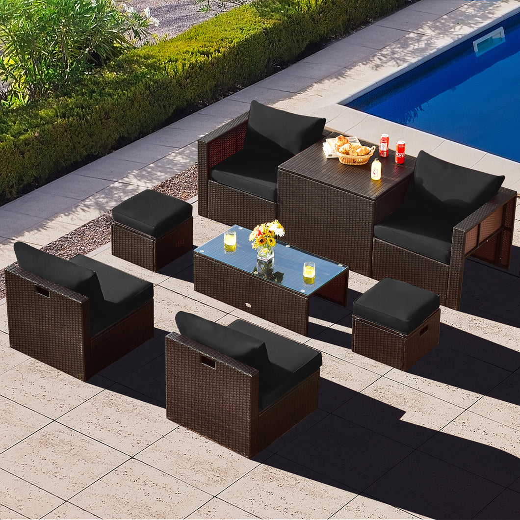 Gymax 8PCS Patio Rattan PE Wicker Conversation Set All Weather Furniture Set w/ Cushions Black