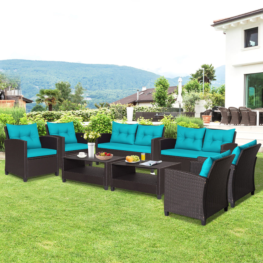 Gymax 8PCS Outdoor Conversation Set Patio PE Rattan Set w/ Glass Table & Sofa Cushions Turquoise
