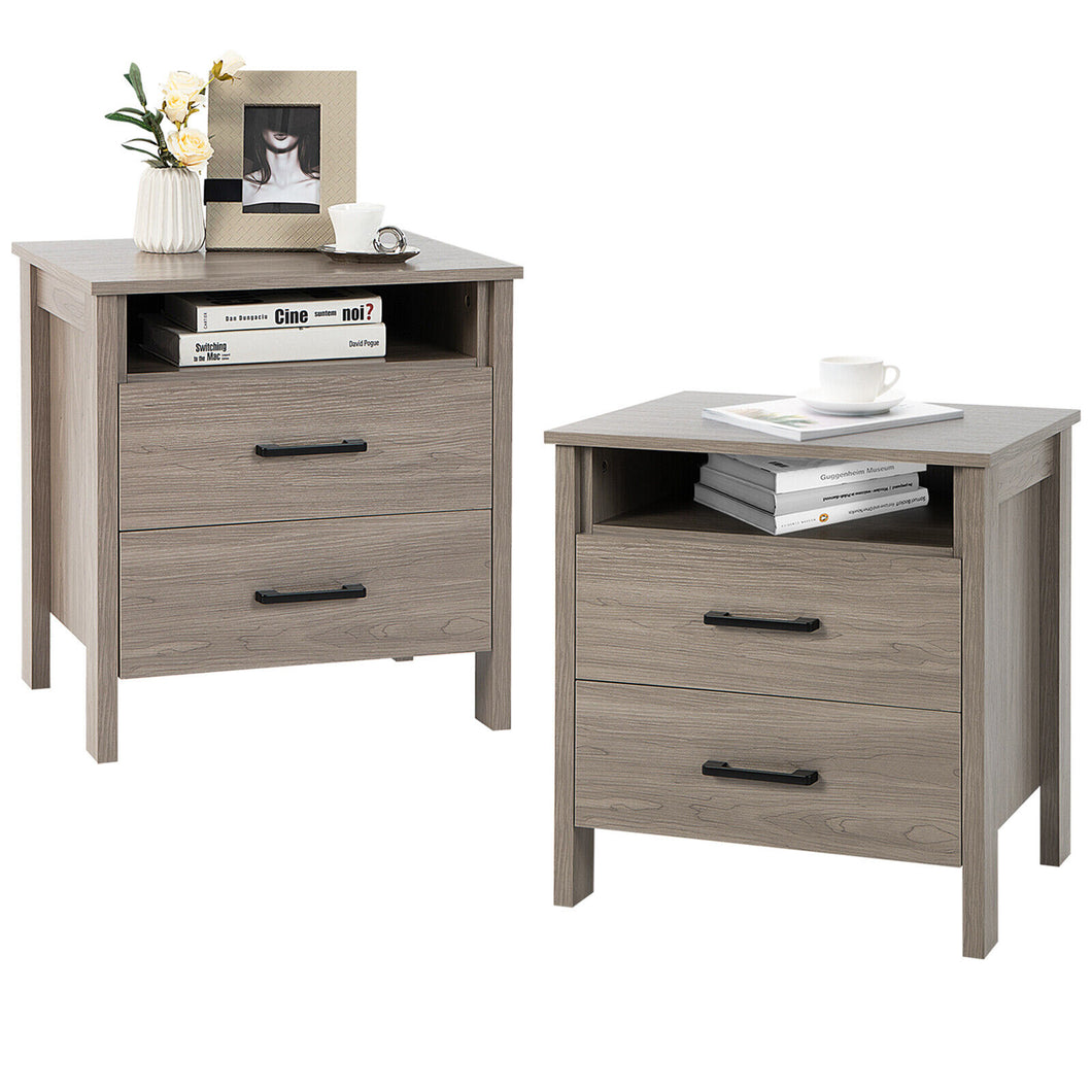 Gymax 2PCS Nightstand End Table Sofa Bed Side Table w/ 2 Drawers Cable Hole Oak