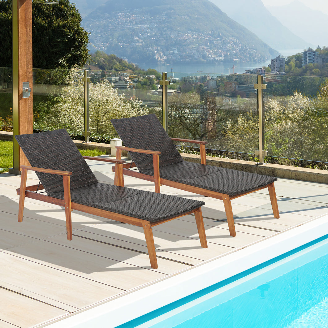Gymax 2PCS Adjustable Patio Rattan Lounge Chair  Recliner Outdoor Chaise Acacia Wood Frame