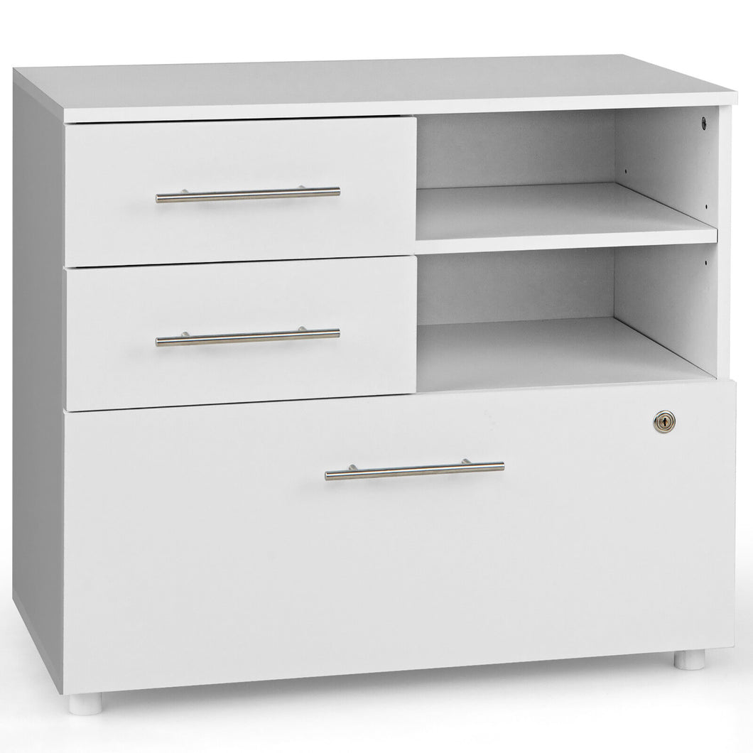 Gymax 3 Drawer Lateral File Cabinet Wood Printer Stand w/ 2 Open Storage Shelves White