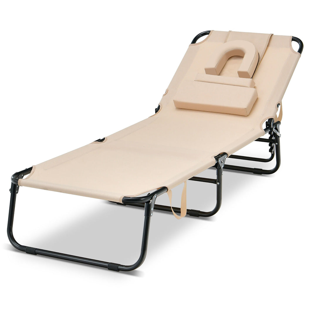 Gymax 5 Position Lounge Chair Adjustable Beach Chaise w/ Face Cavity & Pillows Beige
