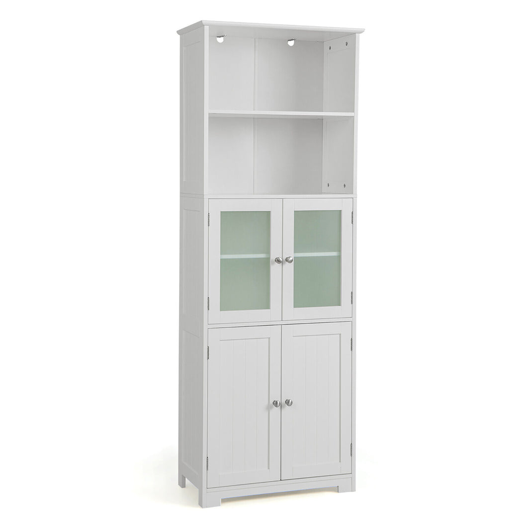 Gymax Bathroom Tall Storage Cabinet Linen Tower w/ Glass Door & Adjustable Shelf White