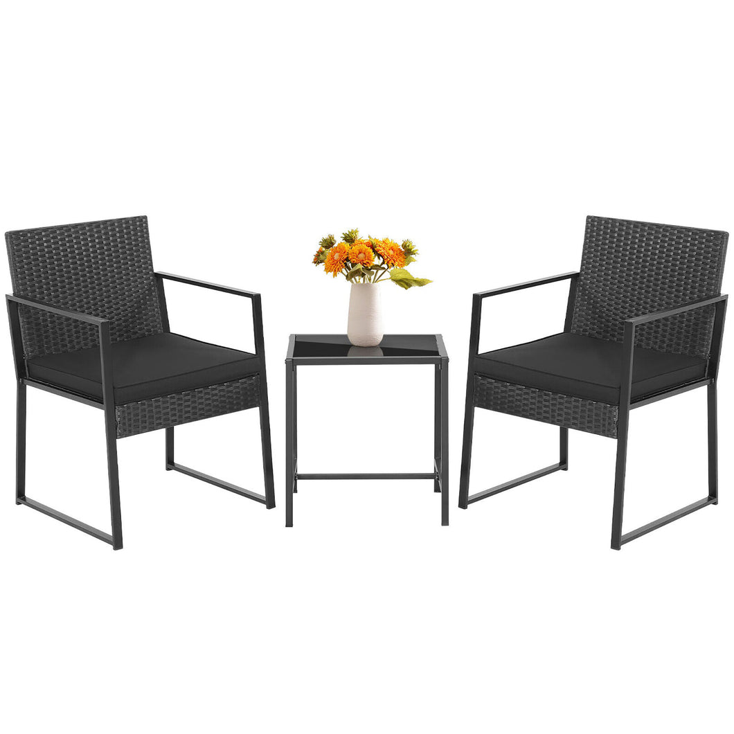 Gymax 3PCS Patio Rattan PE Wicker Bistro Set Outdoor Furniture Set w/ Table & Cushion