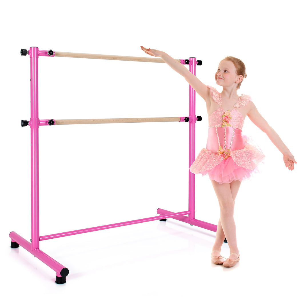 Gymax Portable 4FT Freestanding Double Dancing Ballet Barre Bar w/ 5 Adjustable Heights Pink