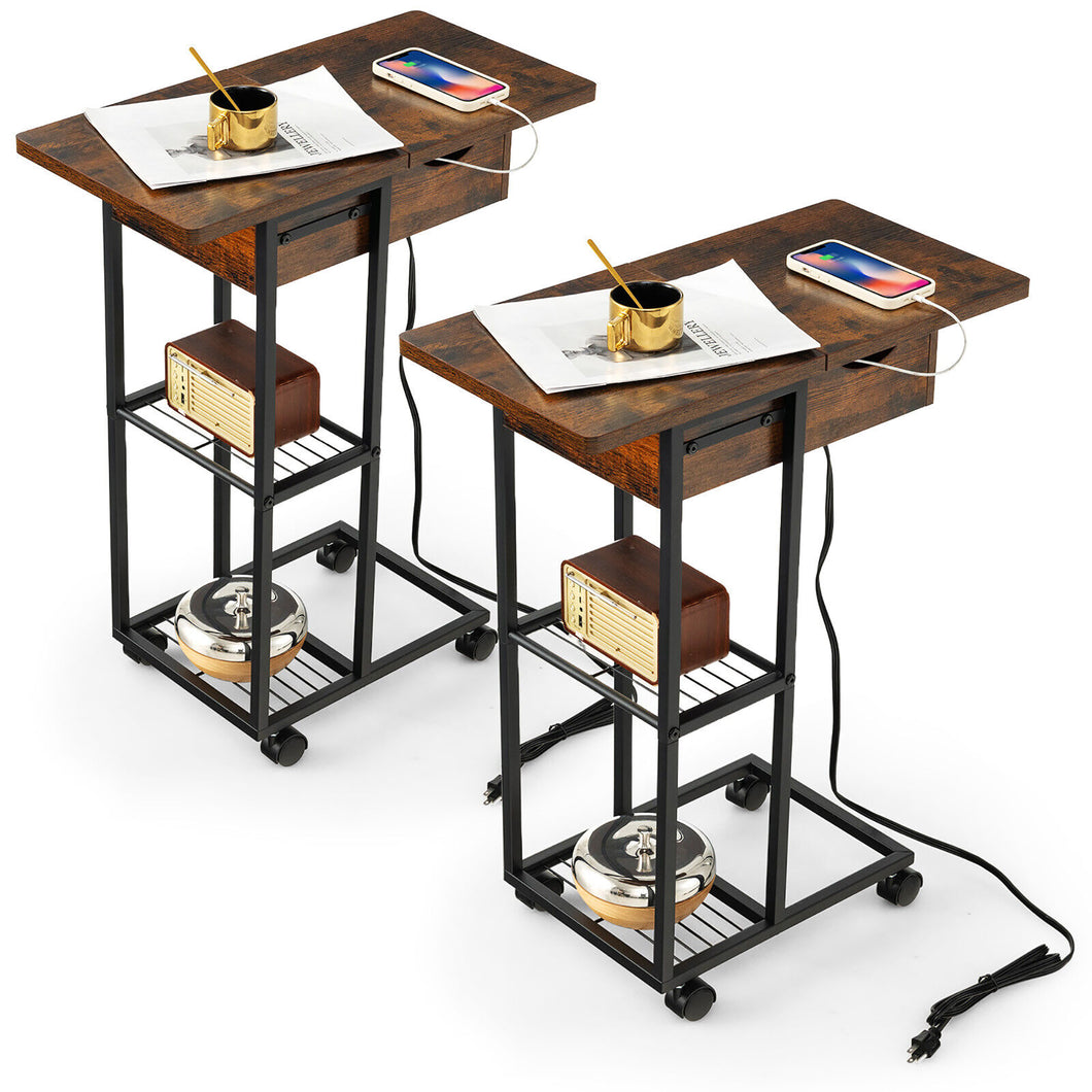 Gymax 2PCS C-Shaped End Side Sofa Table Nightstand Flip-Up Top w/ Charging Station & Wheels
