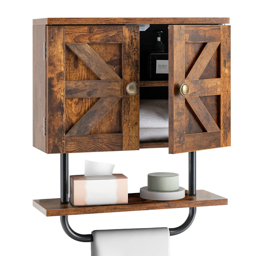 Gymax Bathroom Wall Cabinet Medicine Storage Cabinet w/ Open Shelf & Towel Bar Rustic