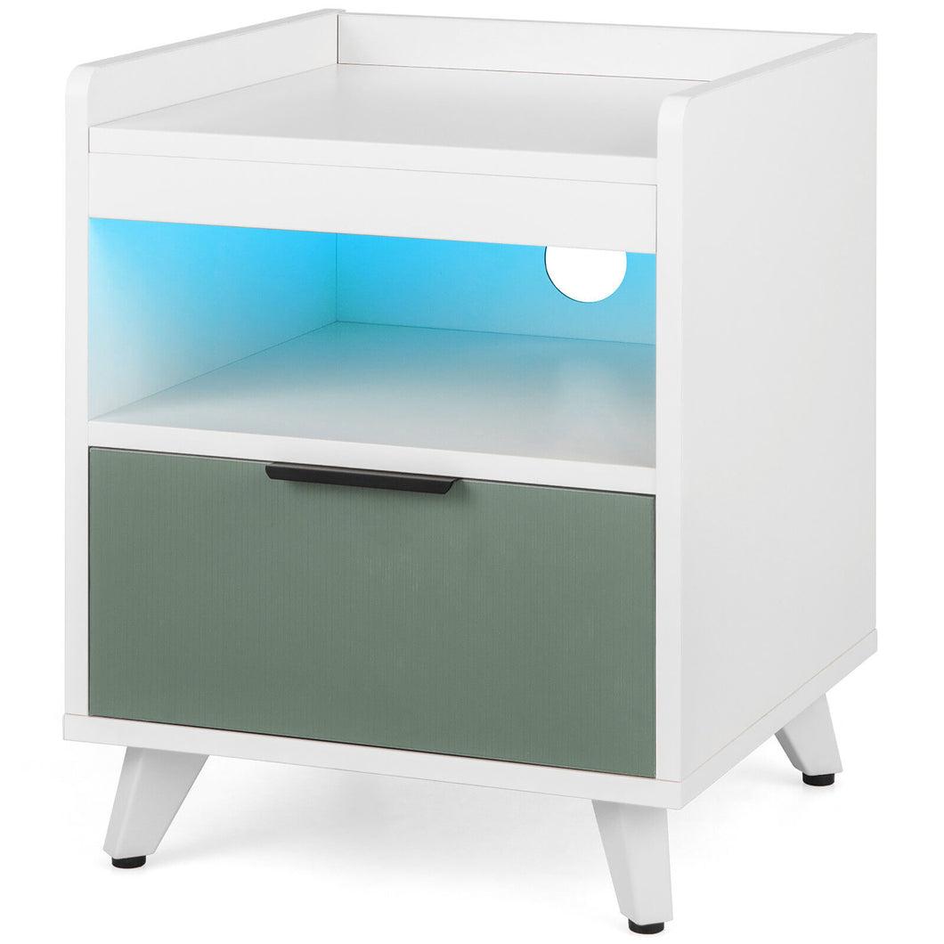 Gymax Nightstand Modern Beside End Table w/ LED Lights Open Compartment & Drawer