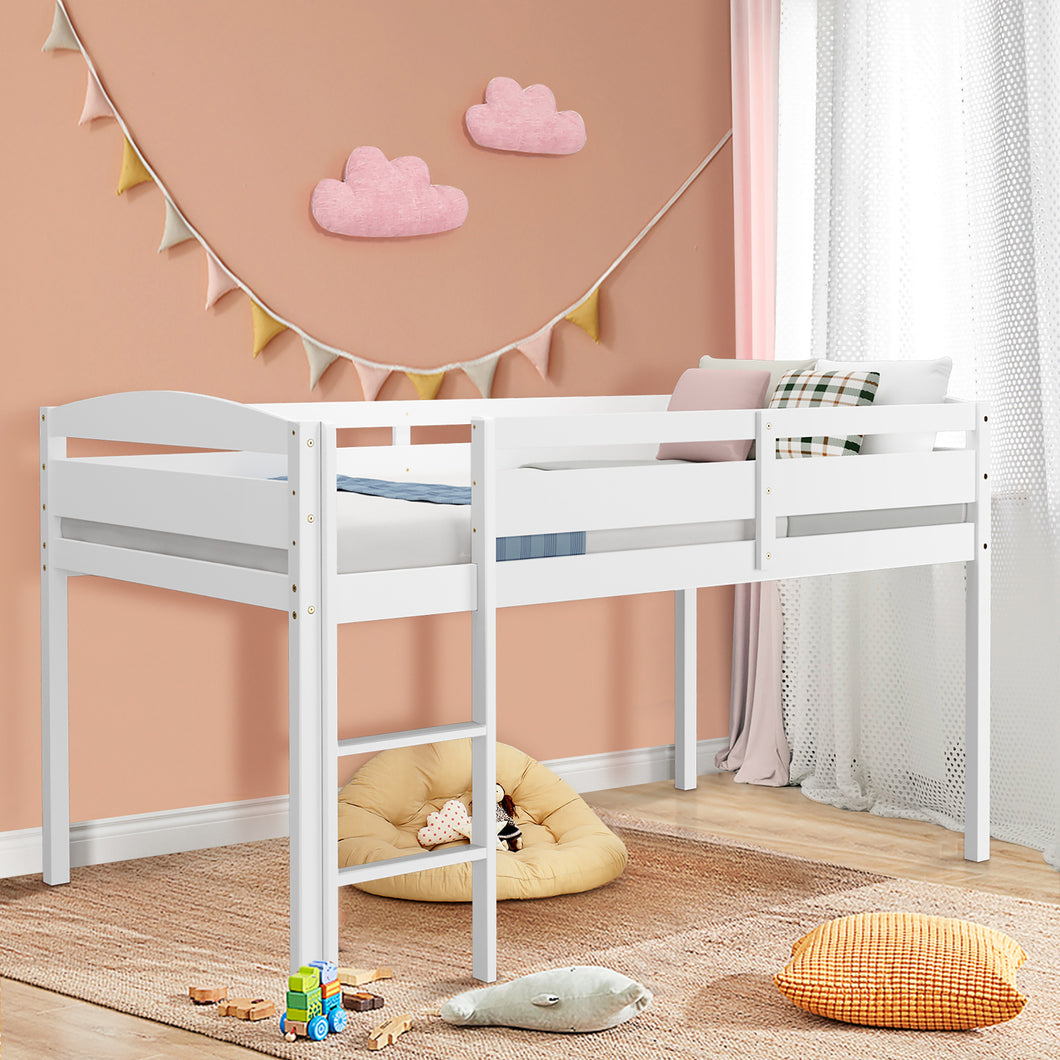 Gymax Twin Size Loft Bed Wooden Slats Support Loft Bed Frame w/ Ladder & Guardrails White