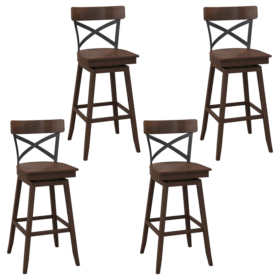 Gymax Set of 4 Wooden Swivel Bar Stools Bar Height Kitchen Chairs w/ Back Brown