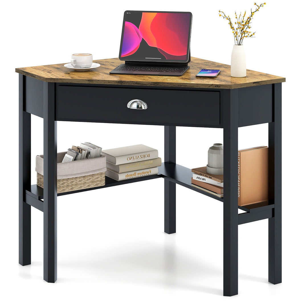 Gymax Corner Computer Desk Laptop Writing Table Workstation W/ Drawer & Shelves Rustic