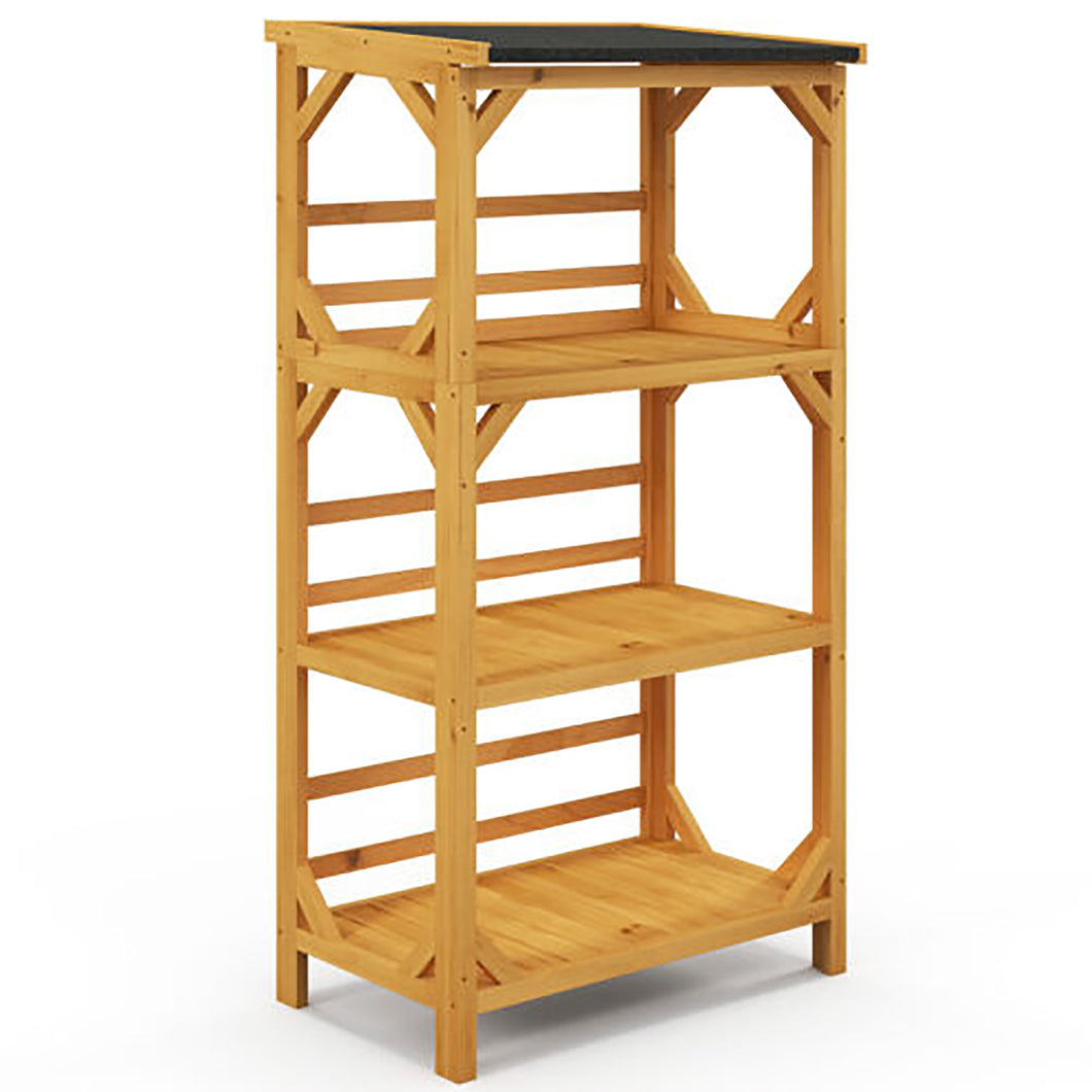 Gymax Outdoor Wood Garden Shelf 3-Tier Ladder Plant Stand w/ Weatherproof Asphalt Roof