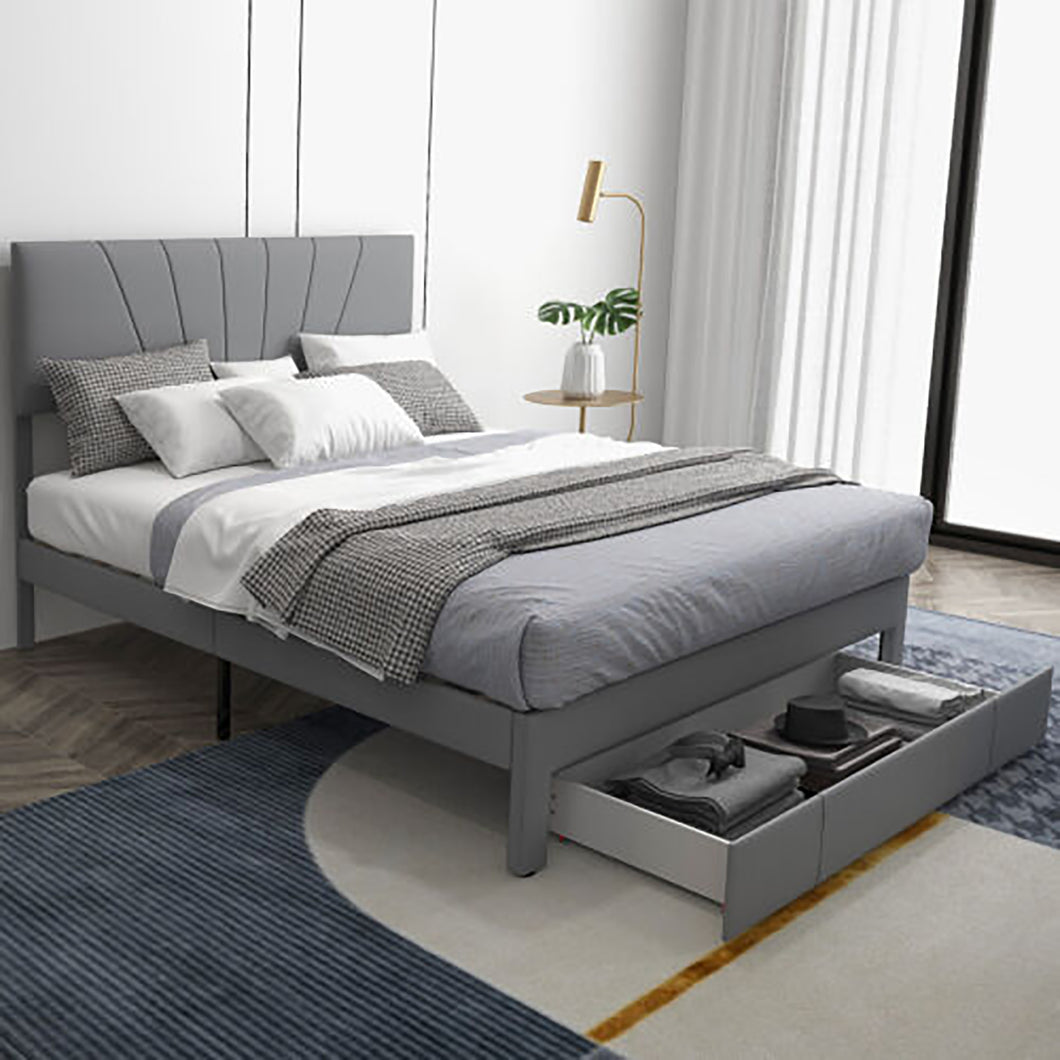 Gymax Queen Upholstered Bed Frame Platform Bed with Drawer & Adjustable Headboard Grey