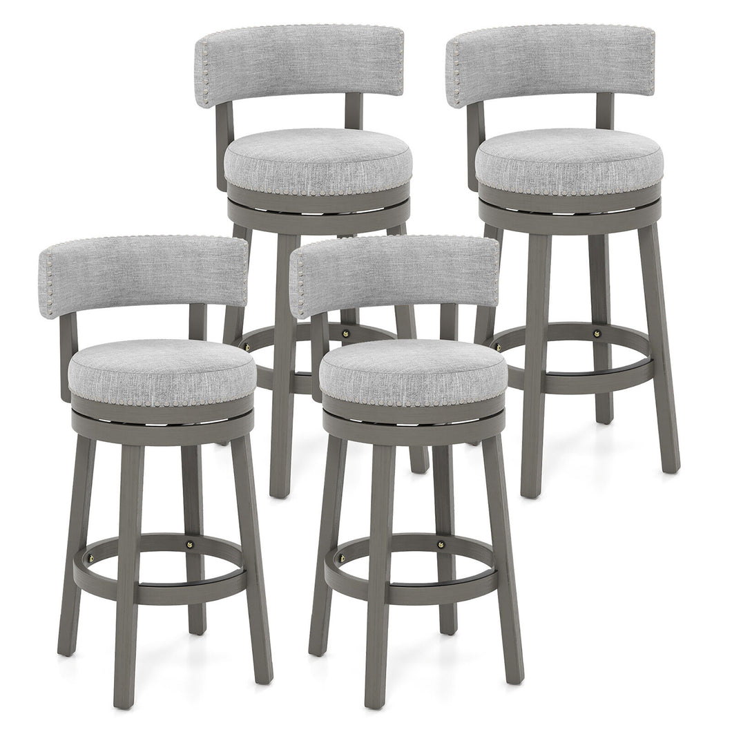 Gymax Set of 4 Upholstered Swivel Bar Stools Wooden Bar Height Kitchen Chairs Grey