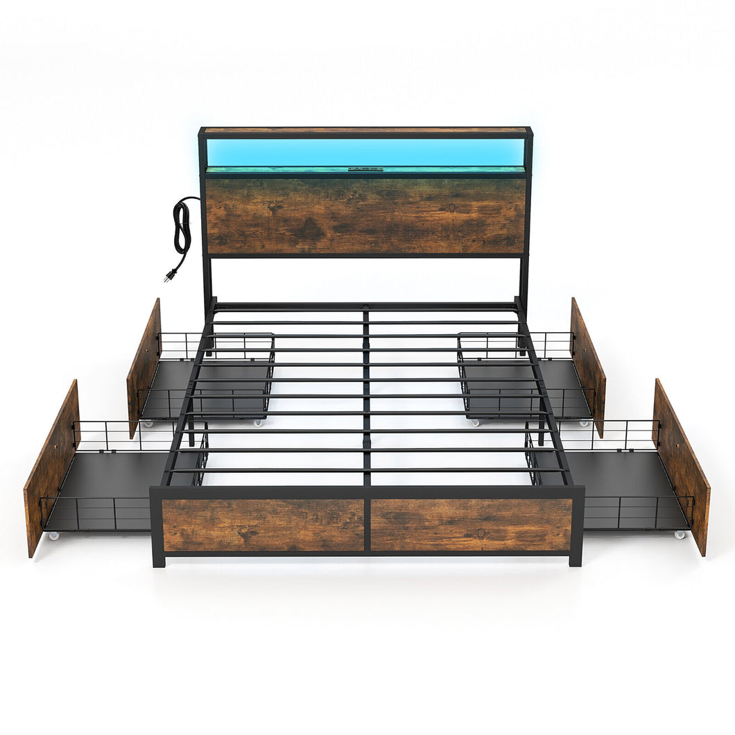 Gymax Queen Industrial Platform Bed Frame with Storage Drawers & LED Lights Headboard