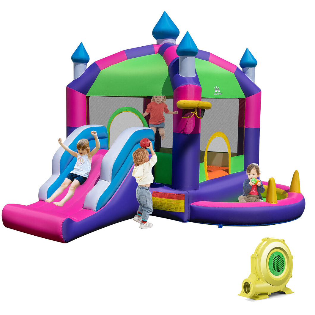 Gymax Inflatable Bounce Castle w/ Sun Roof 5-in-1 Jumping Bounce Castle w/ 735W Blower