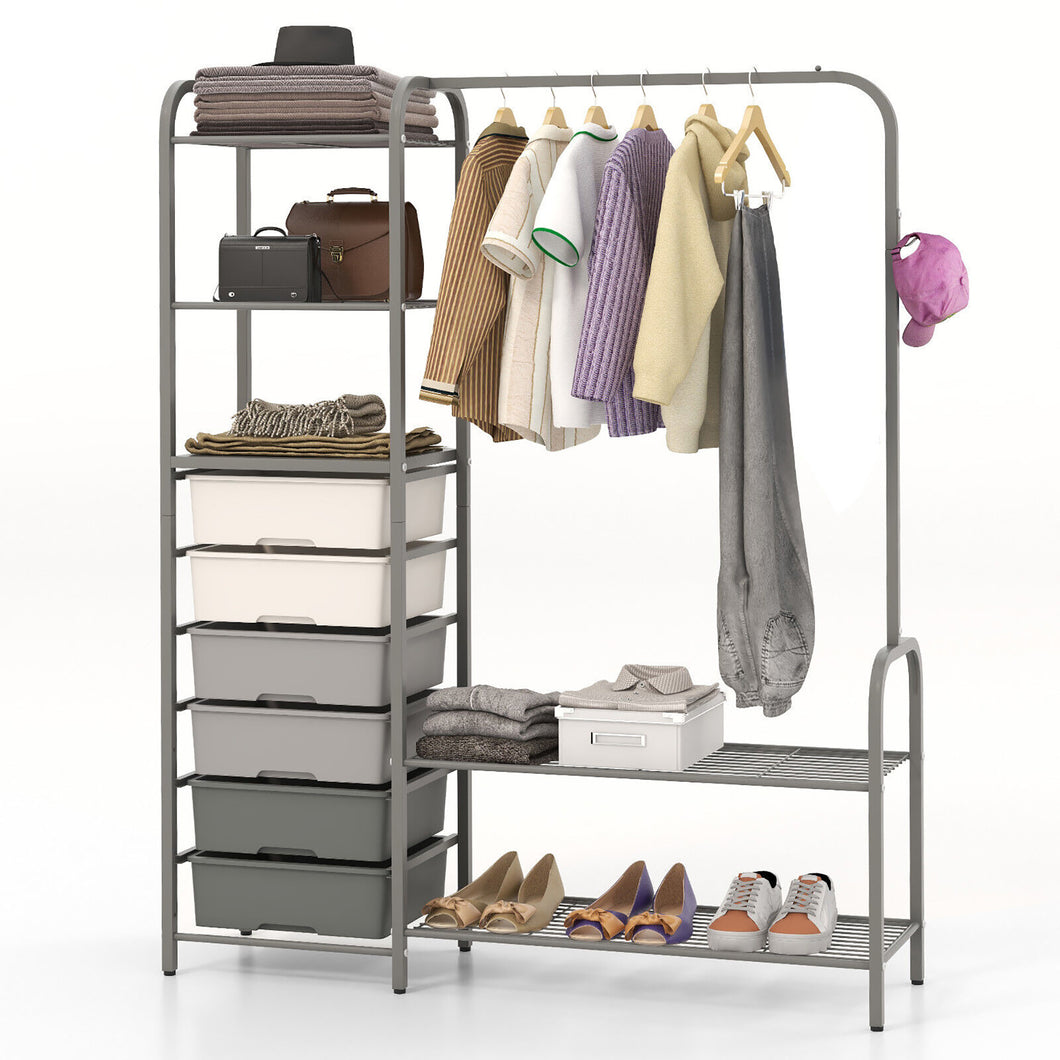 Gymax Heavy Duty Metal Clothes Rack Freestanding Garment Rack w/ 6 Drawers & Shelves