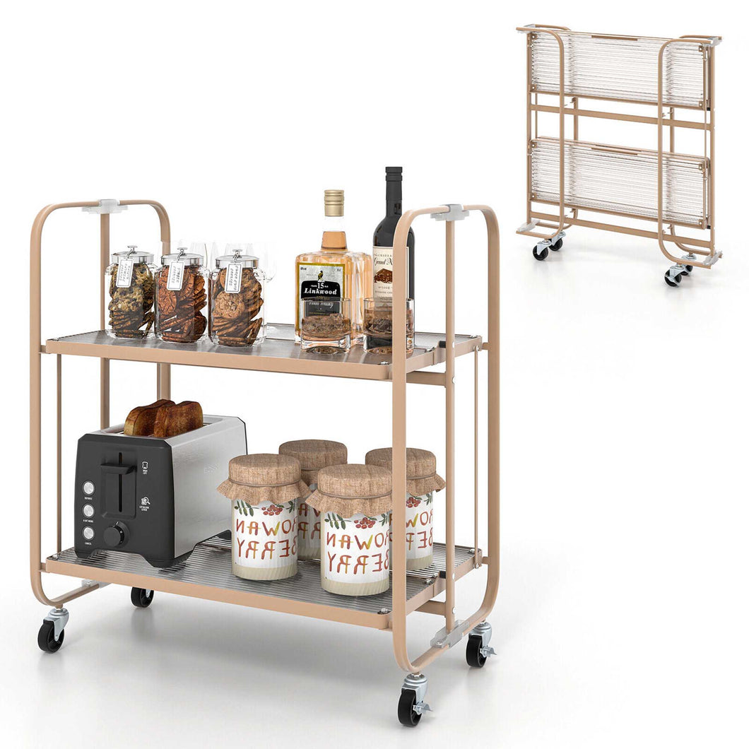 Gymax 2-tier Foldable Kitchen Bar Cart Mobile Tempered Glass Serving Cart w/ Handle