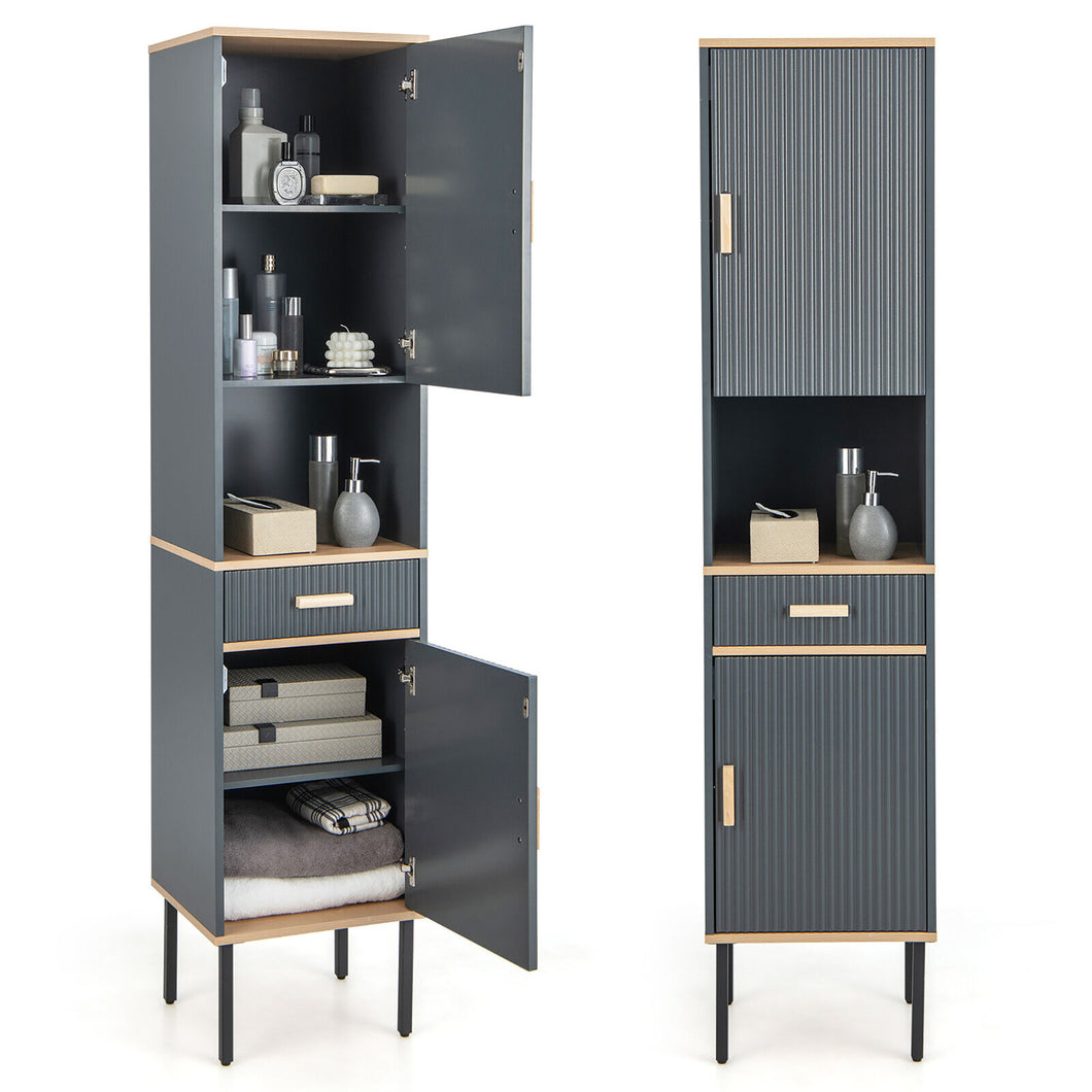 Gymax Tall Bathroom Storage Cabinet Freestanding Narrow Linen Tower w/ Doors & Drawer