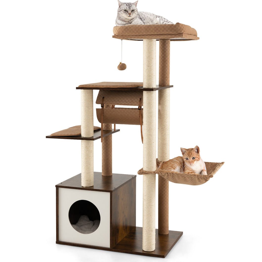 Gymax Cat Tree Tower Multi-level Activity Center Furniture w/ Condo & Swing Tunnel Brown