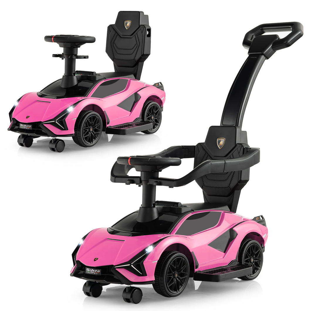 Gymax 3-in-1 Licensed Lamborghini Ride on Push Car Walking Toy Stroller with USB Port Pink