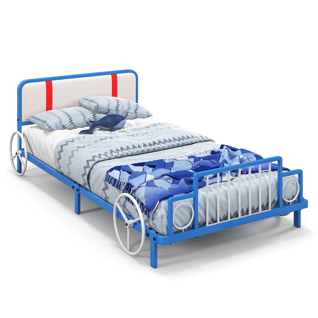 Gymax Twin Size Kids Bed Frame Car Shaped Metal Platform Bed w/ Upholstered Headboard