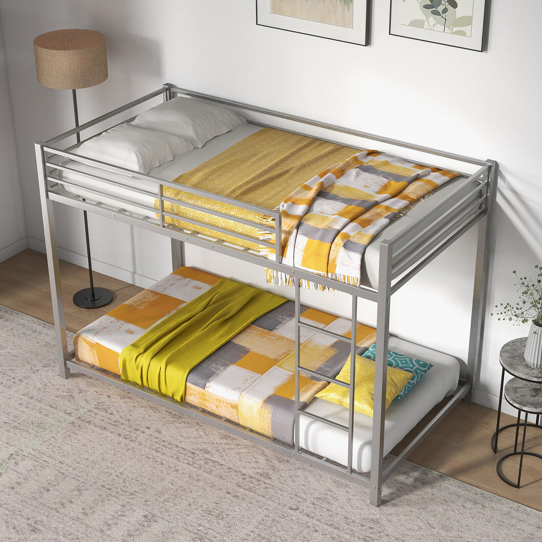 Gymax Twin Over Twin Low Metal Bunk Bed with Ladder Guardrails for Teens Adults Silver