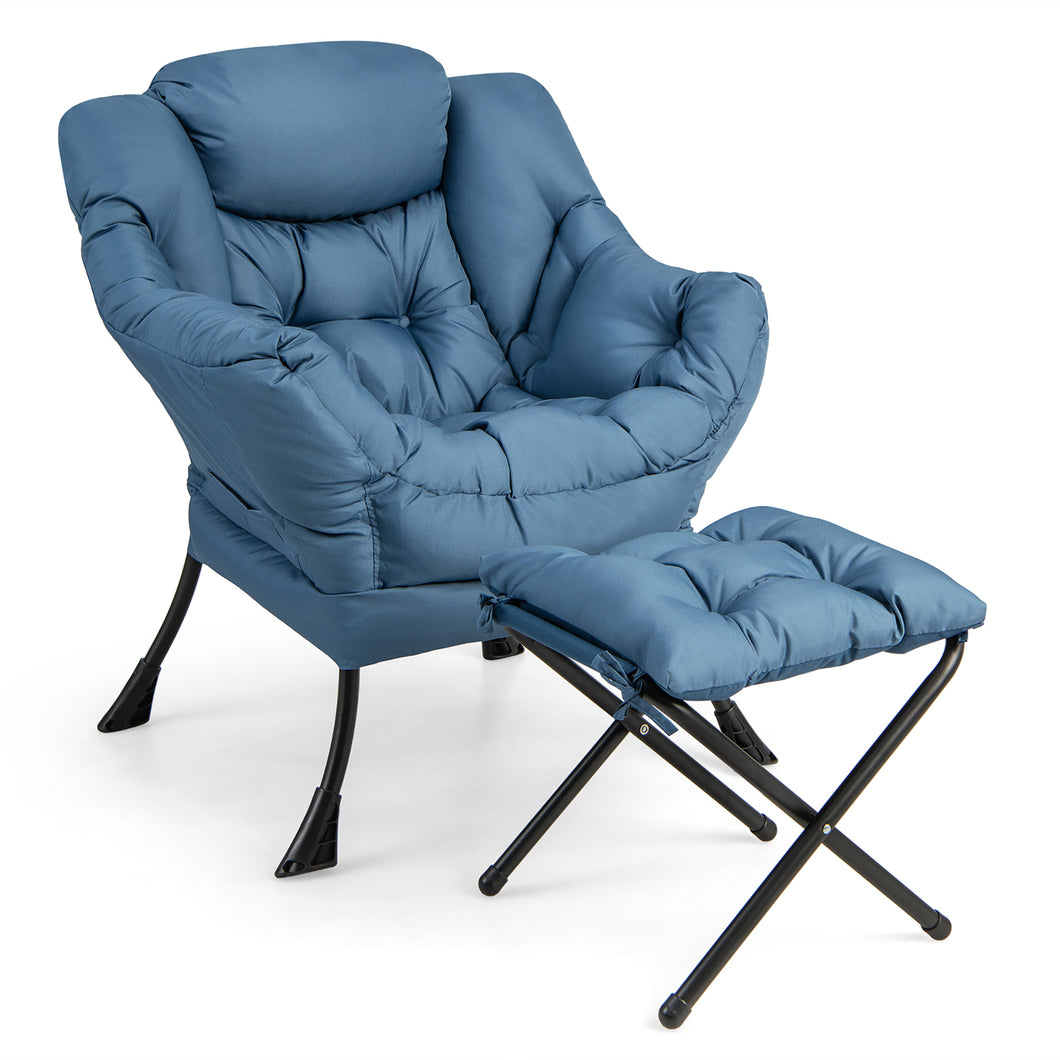 Gymax Lazy Sofa Chair Accent Leisure Armchair with Folding Footrest & Storage Pocket Blue