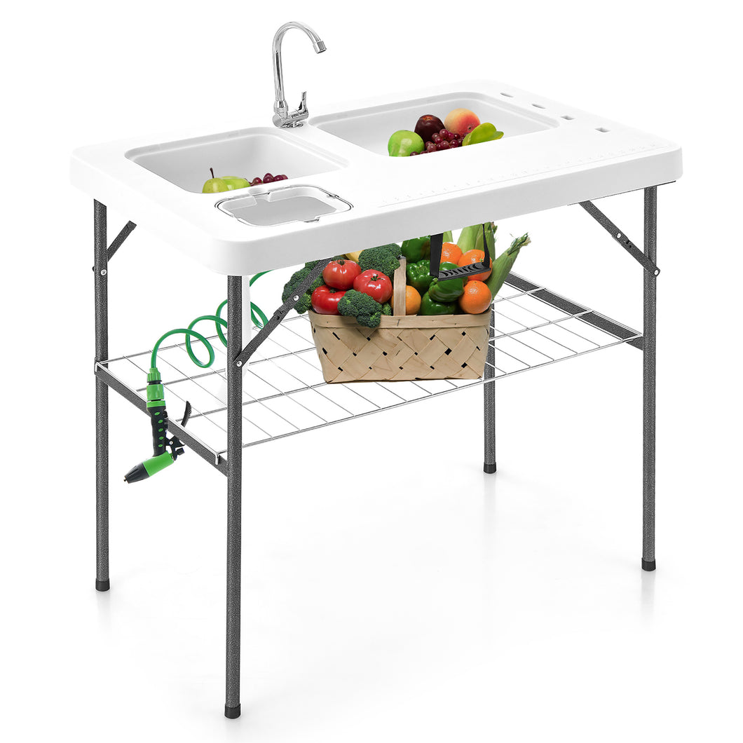 Gymax 2-in-1 Folding Fish Cleaning Table Portable Camping Table w/ Faucet White