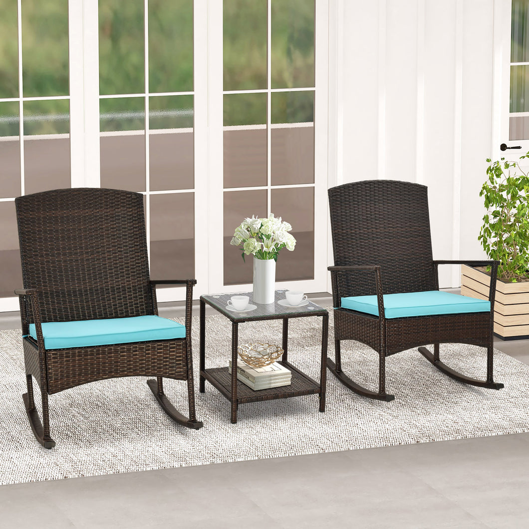 Gymax 3 Pieces Rocking Wicker Bistro Set Outdoor Front Porch Rocker Chairs Conversation Set Turquoise