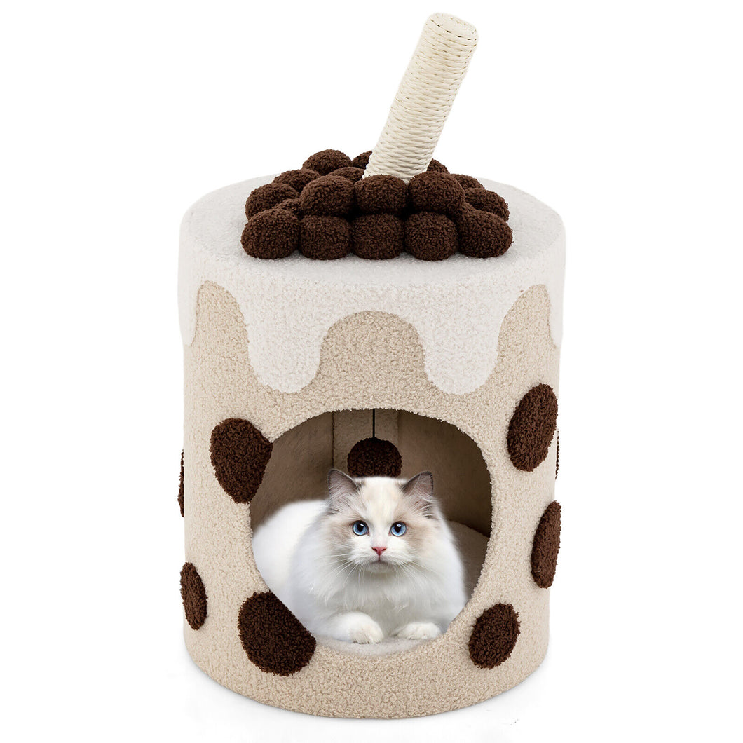 Gymax Bubble Tea Cat Tree Tower with Scratching Post Dangling Ball Toy Coffee Beige