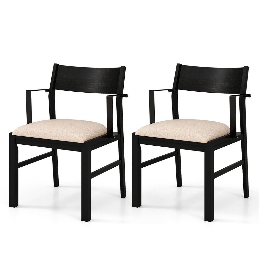 Gymax Dining Chair w/ Arms Set of 2 Modern Kitchen Chairs & Contoured Backrest Black & Beige