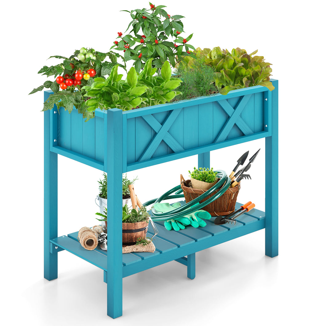 Gymax HIPS Raised Garden Bed Poly Wood Elevated Planter Box w/ Legs & Storage Shelf Blue