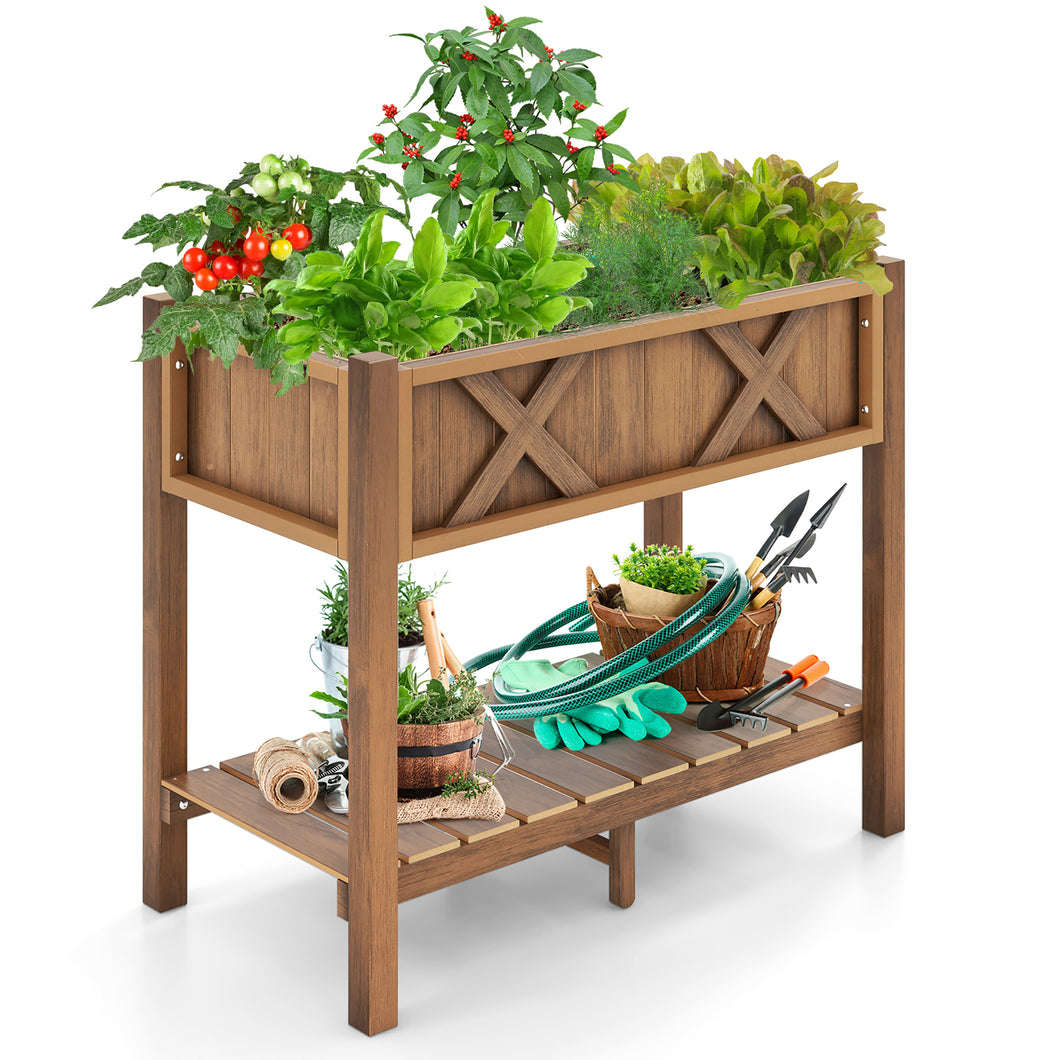 Gymax HIPS Raised Garden Bed Poly Wood Elevated Planter Box w/ Legs & Storage Shelf Coffee