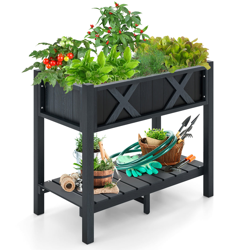 Gymax HIPS Raised Garden Bed Poly Wood Elevated Planter Box w/ Legs & Storage Shelf Black