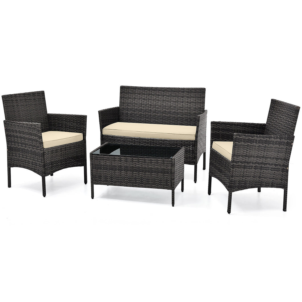 Gymax 4 PCS Patio Rattan Conversation Set Outdoor Wicker Furniture Set w/ Tempered Glass Table