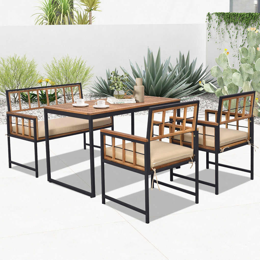Gymax 4 Pieces Acacia Wood Patio Dining Set w/ 1 Rectangular Table & 1 Loveseat & 2 Armchairs