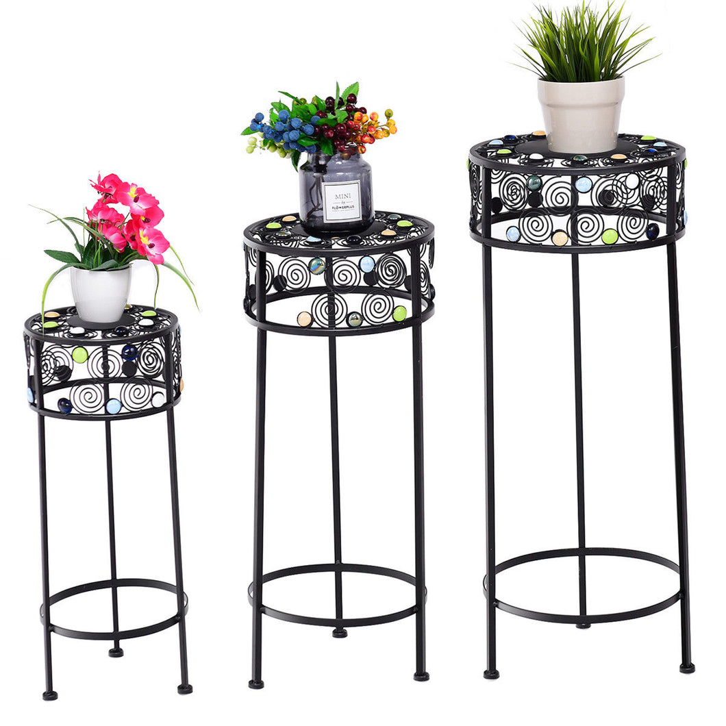 Gymax 3 Piece Metal Flower Pot Rack Plant Display Stand Shelf Holder Garden Ceramic Beads